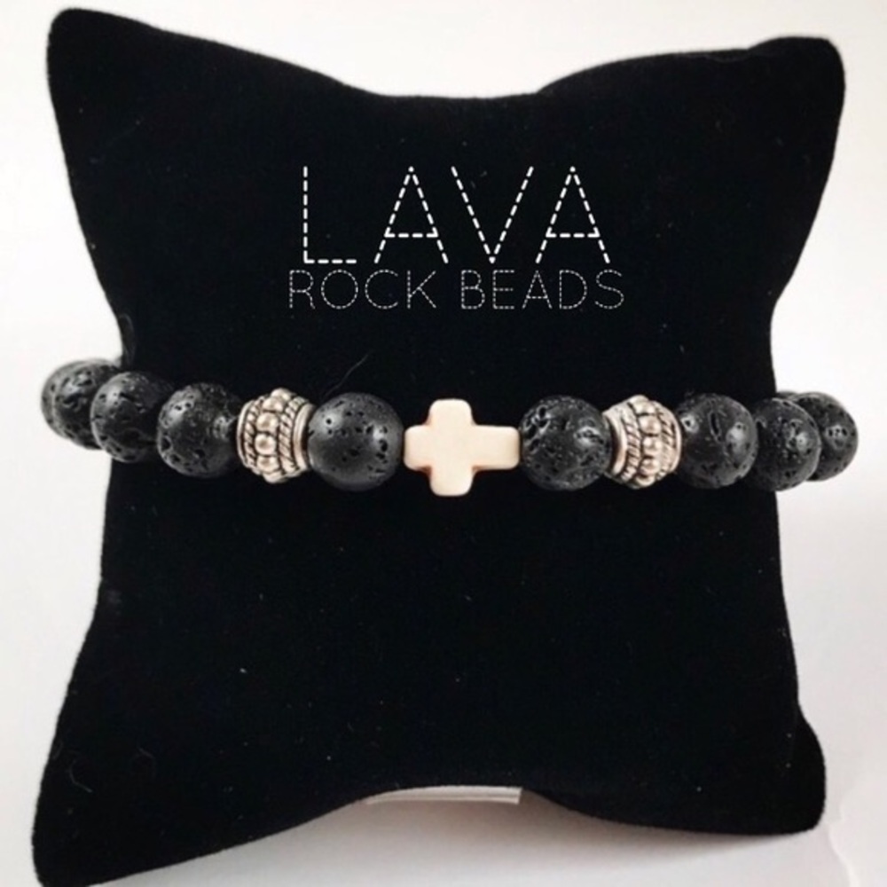 Men or women black lava rock white cross bracelet